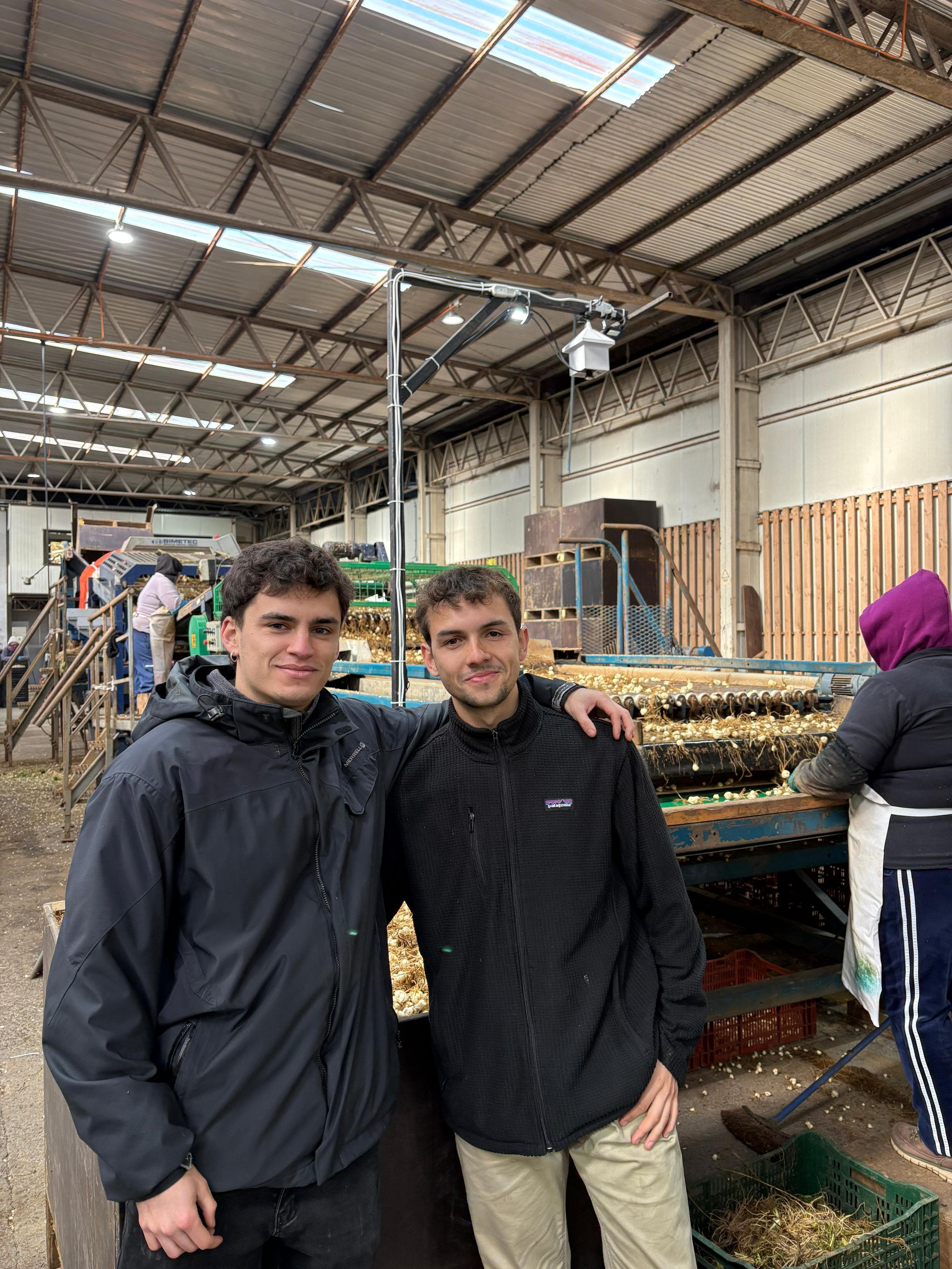 Diego and Cristóbal in the field, at a bulb export facility.